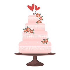 Vector pink wedding cake icon with hearts and flowers flat style isolated on white background.