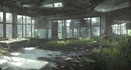 Fototapeta na wymiar Inside an abandoned shopping mall in a devastated world _39