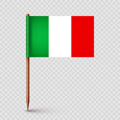 Realistic Italian toothpick flag. Souvenir from Italy. Wooden toothpick with paper flag. Location mark, map pointer. Blank mockup for advertising and promotions. Vector illustration