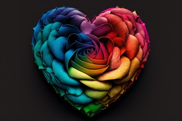 A heart shaped with rainbow-colored petals representing the LGBTQI community on a black background. Concept of love, Valentines Day, Freedom to Marry Day, gay wedding celebration, generative ai
