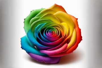 Fototapeta na wymiar Show your support for the LGBTQI community with this beautiful rose featuring petals in the rainbow colors. The white background enhances the vibrant hues of the petals, generative ai
