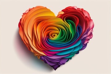 Heart-shaped rose with rainbow colors representing the LGBTQI community on a white background, Concept of celebrating love, Valentines Day, Freedom to Marry Day, gay wedding celebration, generative ai