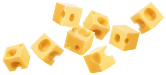 Flying cubic pieces of delicious cheese, isolated on white background