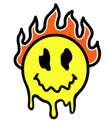 Smile melt face burn in fire t-shirt print design. Vector hand drawn trendy cartoon character illustration. Retro distorted melting burning Smile. Smile emoji face illustration