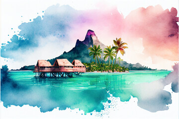  Watercolor painting of a tropical Tahiti island in French Polynesia. generative AI - obrazy, fototapety, plakaty