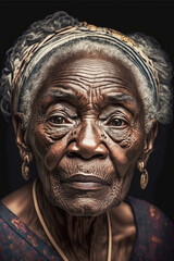 Portrait of mature black woman with wrinkles on her face and gray hair. generative AI