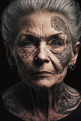  Mature old lady with tattoo on her face. generative AI