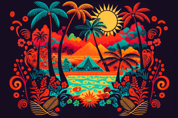 Vibrant colorful illustration of tropical island paradise in vintage style. generative AI