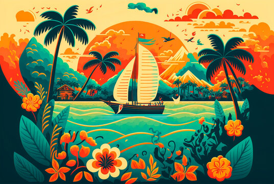 Vibrant colorful illustration of tropical island paradise in vintage style. generative AI