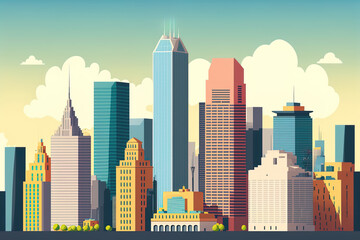 A panoramic picture of contemporary skyscrapers and towers in a commercial district. Horizontal view of a downtown or financial district in the summer. artwork of a colored flat cartoon. Generative AI