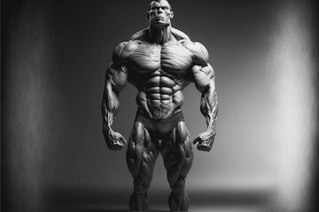 Bodybuilder man with giant muscles . generative AI - obrazy, fototapety, plakaty