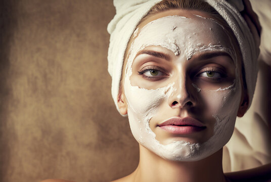  Woman getting face mask applied in a luxury spa for treatment of the skin. generative AI
