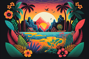 Colorful view of tropical Polynesia island with vibrant colors and setting sun. generative AI