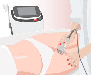 illustration. The cosmetologist does the Rf lifting procedure on the legs, buttocks and hips of a woman in a beauty parlor. Treatment of overweight and flabby skin.	