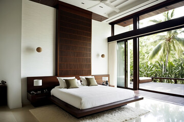 Interior decor for a contemporary tropical bedroom with a background of white texture. Generative AI