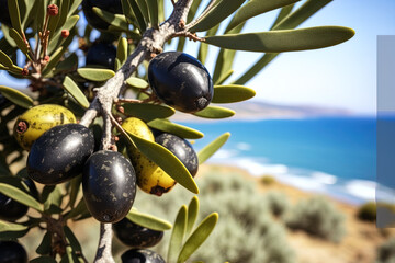 Ripe organic olives on an olive tree against a backdrop of the Mediterranean coast Close up of a black olive fruit on a branch of a tree, eco friendly goods, wholesome vegetarian cuisine. Generative