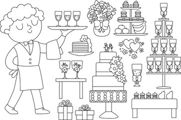Vector black and white wedding candy bar set. Cute line marriage sweet table or buffet clipart with waiter, cake, champagne, snacks, fruit. Just married holiday meal coloring page.