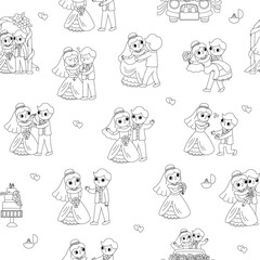 Vector black and white seamless pattern with bride and groom. Cute line just married couple repeat background. Wedding ceremony coloring page. Cartoon marriage digital paper.