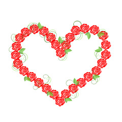 Wreath in the form of a heart composed of red roses isolated on a white background.