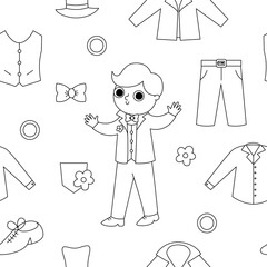 Vector black and white seamless pattern with groom clothes. Cute line repeat background with just married boy in suit. Wedding ceremony digital paper. Cartoon marriage coloring page.