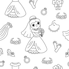 Vector black and white seamless pattern with bride clothes. Cute line repeat background with just married girl, dress, accessory. Wedding ceremony digital paper. Cartoon marriage coloring page.