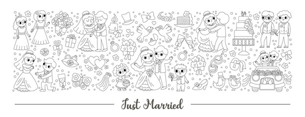 Vector black and white wedding horizontal set with just married couple. Marriage ceremony card template for banners, invitations. Cute line matrimonial illustration or coloring page.