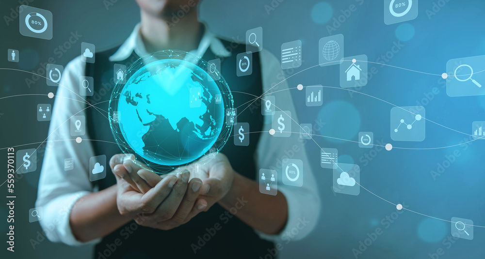 Leinwandbilder business intelligence and big data analysis technology with chart and graph icons on a digital screen interface. Innovation in statistics and analytics. Insights and predictions.