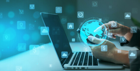 business intelligence and big data analysis technology with chart and graph icons on a digital screen interface. Innovation in statistics and analytics. Insights and predictions.