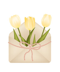 Flowers in the vintage envelope isolated illustration. Mother's day, women's day gift decoration. Realistic 3d trendy letter with flowers inside. Modern greeting concept. Realistic 3d yellow tulips.