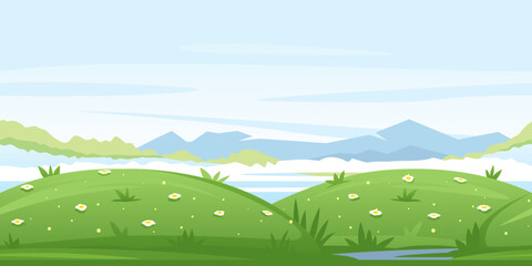 Nature game background with green meadows and glades, ground with plants and flowers, mountains landscape, blue sky, tileable horizontally