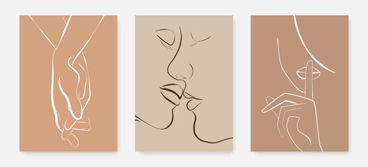 Couple Kiss, Hands, Woman Face Single Line Drawing Set. Simple Minimalist Illustration. Minimal Sketch Drawing Prints Set. Love Concept Abstract Single Line for Home Decor, Wall Art. Vector EPS 10 