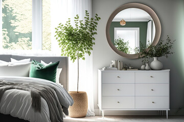 Elegant bedroom decor with a chest of drawers and a round mirror. Generative AI