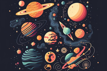 Fantastic science fiction galaxy containing unexplored planets, stars, comets, asteroids, and other components. explore the universe and marvel in space science. illustration with fine lines