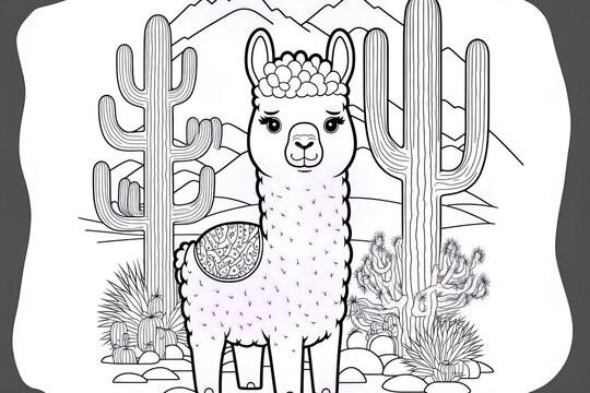 Coloring sheet with a cuddly llama and cacti. Alpaca on a black and white desert backdrop. a based image. Generative AI