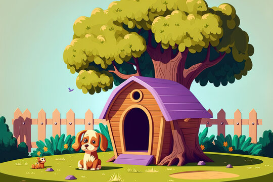 adorable puppy in the backyard. Landscape of a house yard including a cute animal, a dog kennel, green grass, a fence, and a tree with a tire swing. a cartoon image of a puppy with a wooden doghouse