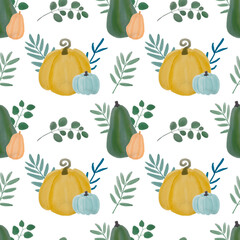 Pumpkin watercolor pattern. Watercolor pumpkins with floral elements. Autumn watercolor seamless background. Harvest Thanksgiving pumkin pattern. Autumn harvest blessing hand painted illustration