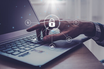 Cyber security and data protection. Businessman using digital tablet protecting business and financial data with virtual network connection smart solution from cyber attack innovation technology