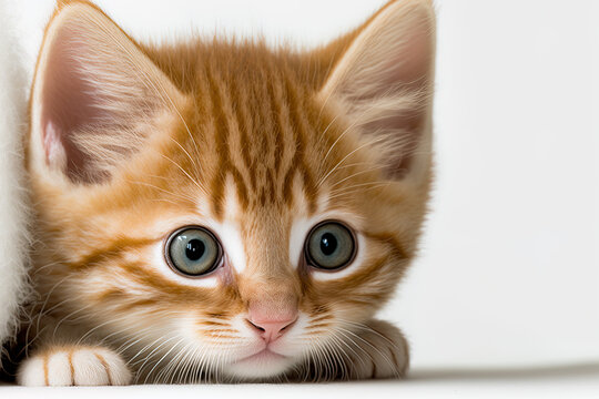 over a white backdrop, a close up image of a ginger kitten with emerald eyes. Generative AI