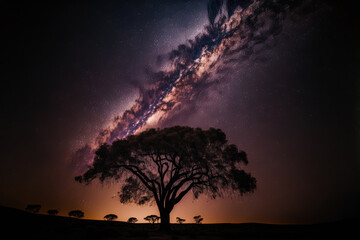 Fototapeta na wymiar long exposure shot of a tree silhouette with a cloud and the milky way. Generative AI