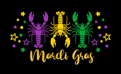 Fototapeta na wymiar Mardi Gras decor. Beads, three lobsters, 3 crayfish clip art. Fat Tuesday decoration print