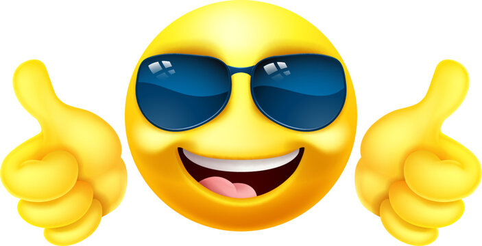 An emoji or emoticon face icon in sunglasses giving a thumbs up cartoon