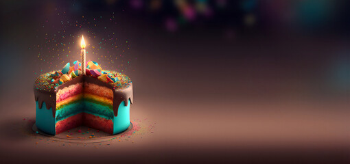 Colorful birthday cake with candle and sprinkles with confetti 3D Rendering Banner. AI generated - 559379340