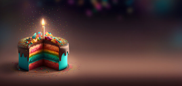 Colorful birthday cake with candle and sprinkles with confetti 3D Rendering Banner. AI generated