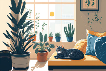 A healthy cat is dozing by a window with morning sunshine in a realistic, bright, and colorful living room with a cozy cushion bench seat and stylish houseplants. Space and home. Generative AI