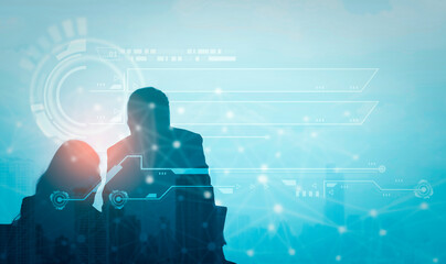 Futuristic silhouette business people group working on communication technology with internet link...