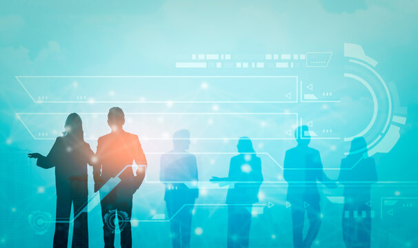 Futuristic silhouette business people group working on communication technology with internet link graphic background, Business global network connection telecommunication technology concept