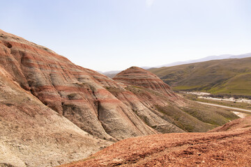 Mountains with red stripes. Khizi region. Azerbaijan.