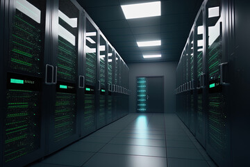 Fototapeta premium data center with a contemporary interior. Dark servers' connections and computer networks. Information about backup, mining, hosting, mainframes, farms, clouds, and computer racks. up close