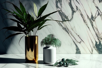 Backdrop with marble products and plant shadow. Generative AI