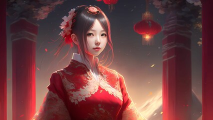 Girl in traditional Chinese Dress for Chinese New Year using Generative AI